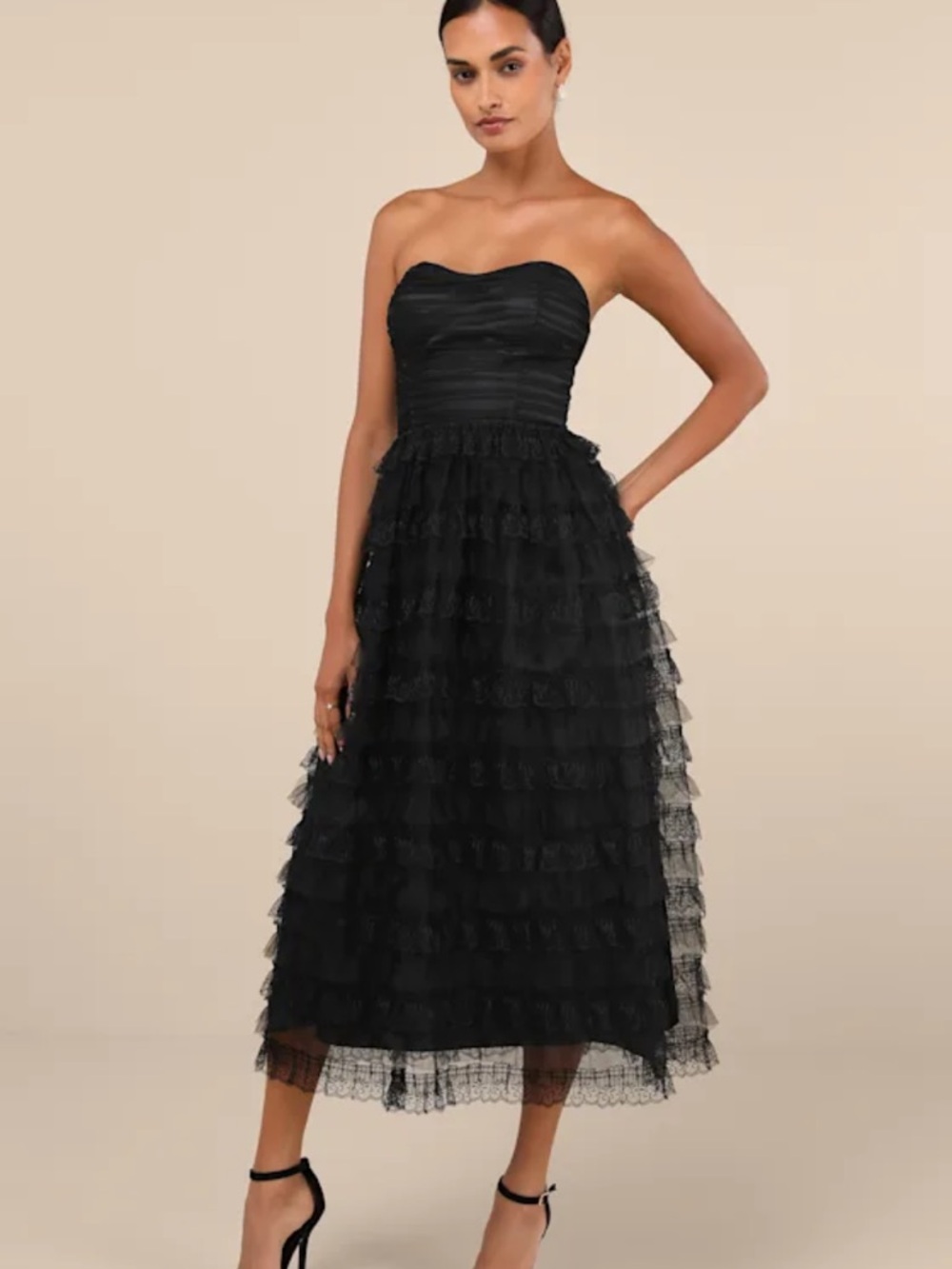 New Lulus ImMenley Exquisite Strapless Black Tiered Tulle Midi Dress Sz XL